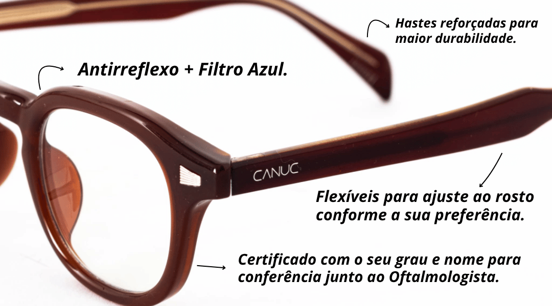 Foto em close-up de um óculos de grau da Canuc Eyewear. A imagem está anotada com setas que destacam os diferenciais do produto: lentes com antirreflexo e filtro de luz azul; hastes reforçadas para maior durabilidade; estrutura flexível que permite ajuste ao rosto; e um certificado de autenticidade que acompanha o óculos com nome do cliente e grau, para conferência junto ao oftalmologista.
